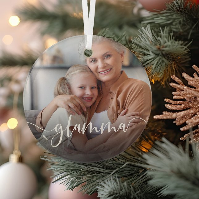 Glamma Grandma Script Overlay Glass Ornament (Creator Uploaded)