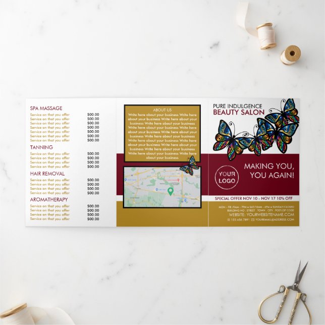Glamor Butterflies, Beauty Salon Tri-Fold Flyer Invitation (Outside)