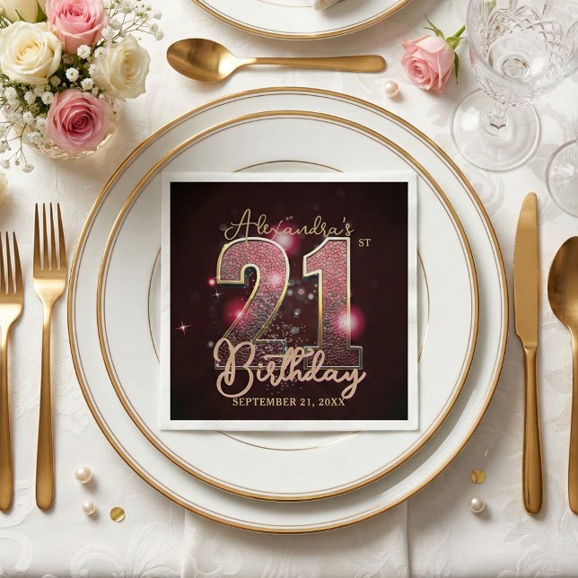 Glamorous 21st Birthday Rose Gold Pink Glitter Napkin (Creator Uploaded)