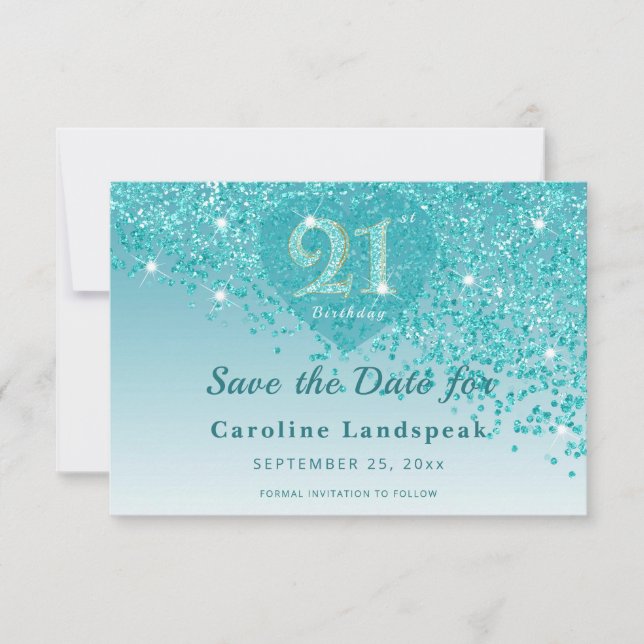 Glamorous 21st Birthday Teal Glitter Frosted Heart Save The Date (Front)