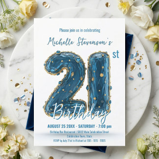 Glamorous 3D Blue Gold Gemstone 21st Birthday Invitation