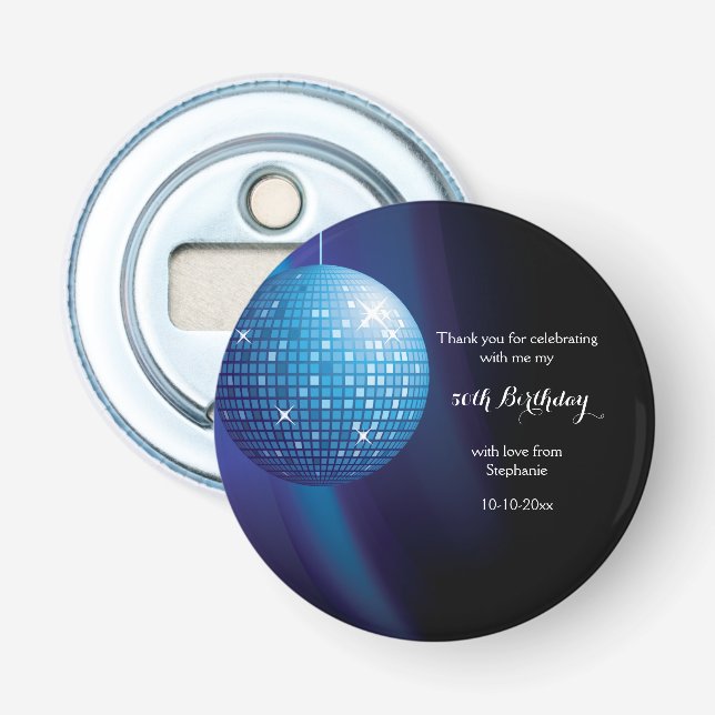 Glamorous 50th Birthday Blue Party Disco Ball Bottle Opener (Front)