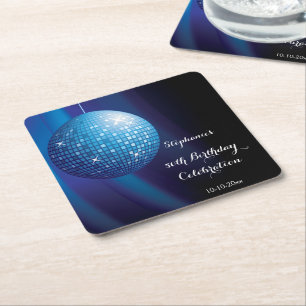 Glamorous 50th Birthday Blue Party Disco Ball Square Paper Coaster