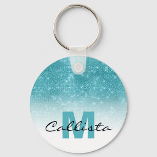 Glamorous Aqua Blue Glitter Sequin Ombre Monogram Keychain