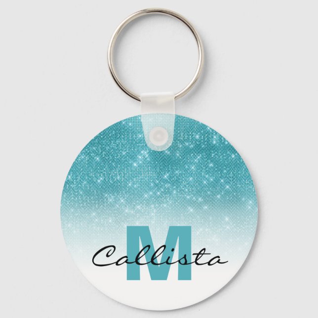 Glamorous Aqua Blue Glitter Sequin Ombre Monogram Keychain (Front)