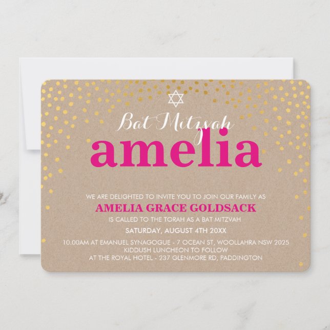 GLAMOROUS BAT MITZVAH rustic gold confetti kraft Invitation (Front)