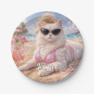 Glamorous Beach Cat with Sunglasses Paper Plate