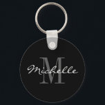 Glamorous black and white name monogram keychain<br><div class="desc">Glamorous black and white name monogram keychain. Classy script typography and custom background color. Elegant design for men women and kids. Monogrammed with your name initial letter. Cute birthday gift idea for dad, father, mom, mother, husband, wife, son, daughter etc. Also nice as party favor at chic weddings, reunion, graduation...</div>