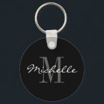 Glamorous black and white name monogram keychain<br><div class="desc">Glamorous black and white name monogram keychain. Classy script typography and custom background color. Elegant design for men women and kids. Monogrammed with your name initial letter. Cute birthday gift idea for dad, father, mom, mother, husband, wife, son, daughter etc. Also nice as party favor at chic weddings, reunion, graduation...</div>