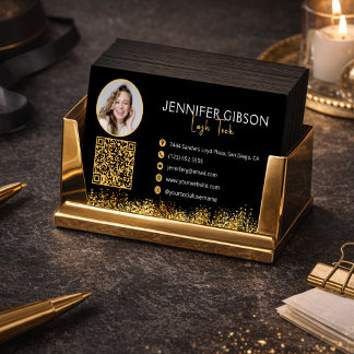 Glamorous Black & Gold Lash Tech QR Code  Business Card