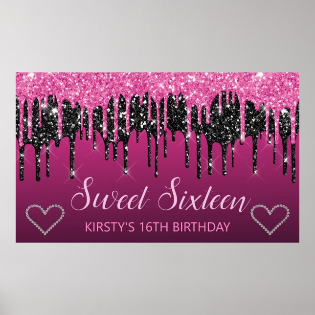 Glamorous Black & Pink Dripping Glitter Sweet 16  Poster (Front)