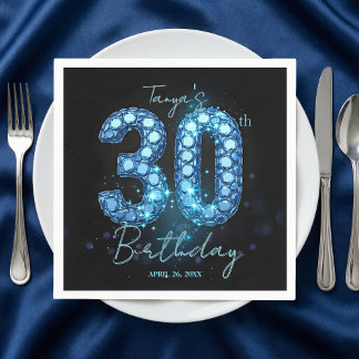 Glamorous Blue & Black Sparkle Jewel 30th Birthday Napkin