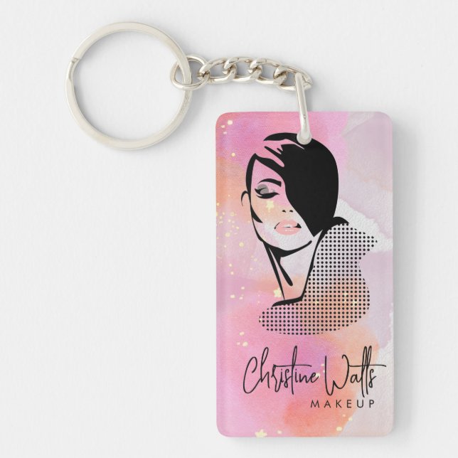 Glamorous Blush Pink Watercolor Sparkly Makeup QR Keychain (Front)