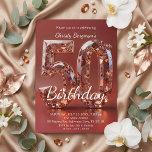 Glamorous Burgundy Red Diamond 50th Birthday Invitation<br><div class="desc">Celebrate a milestone 50th birthday in luxurious style with this elegant birthday party invitation. Featuring stunning 3D rose gold diamond numbers against a rich burgundy red background, this glamorous aesthetic is perfect for a woman's fabulous fiftieth celebration. Easily update the template with your specific event details, venue, and RSVP information...</div>