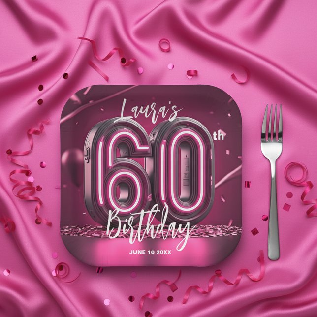 Glamorous Chic Hot Pink Neon 60th Birthday Party Paper Plate (Creator Uploaded)