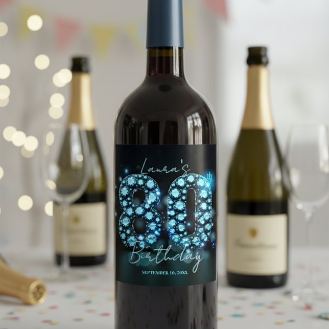 Glamorous Elegant Teal Blue Diamonds 80th Birthday Wine Label (Creator Uploaded)