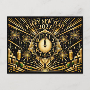 Glamorous Gold Art Deco Midnight New Year Holiday Postcard