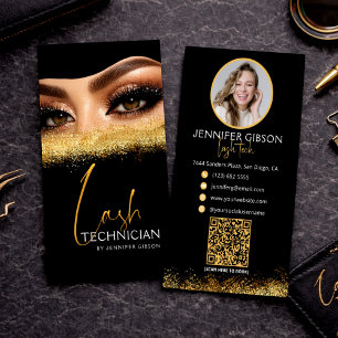 Glamorous Gold & Black Lash Tech QR Code  Business Card