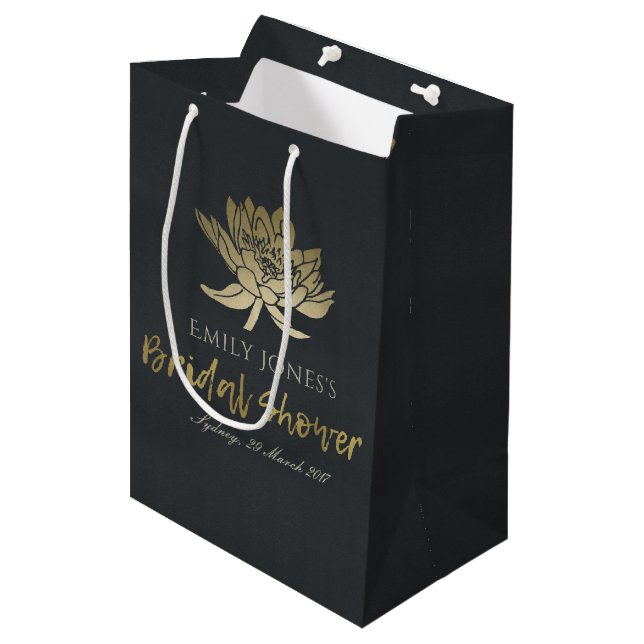 GLAMOROUS GOLD BLACK LOTUS FLORAL BRIDAL SHOWER MEDIUM GIFT BAG (Front Angled)