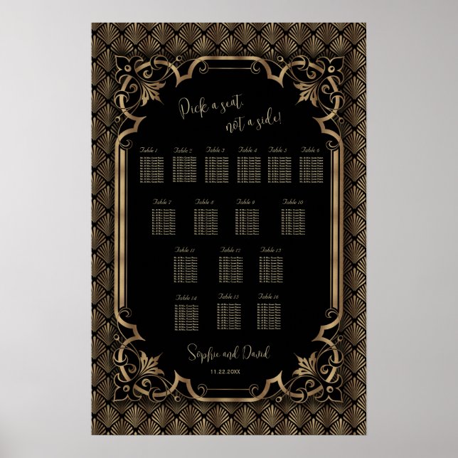 Glamorous Gold Black Wedding Seating Chart Poster (Front)