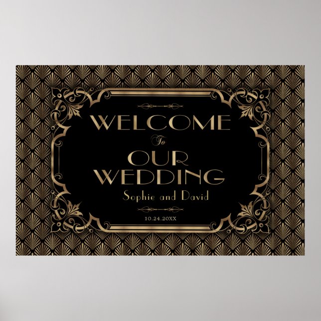 Glamorous Gold Black Wedding Welcome Sign (Front)