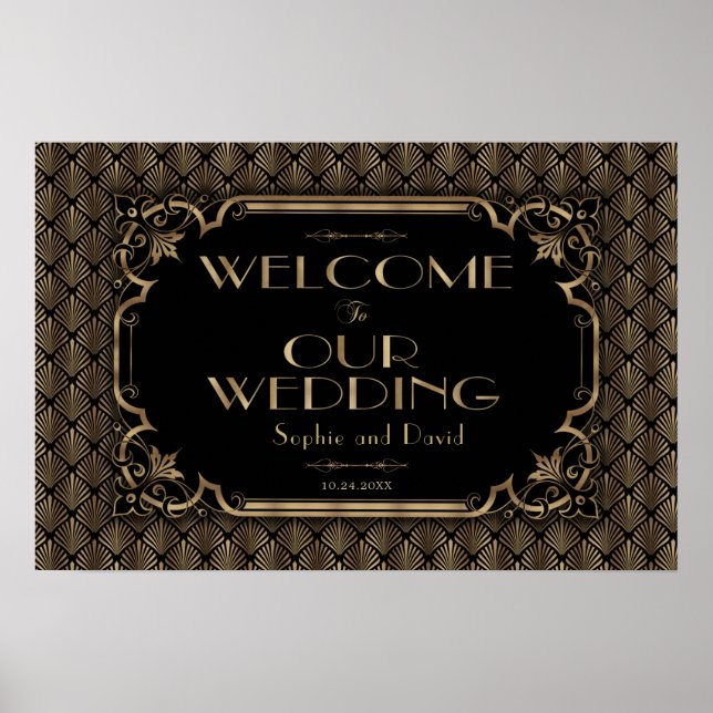Glamorous Gold Black Wedding Welcome Sign (Front)