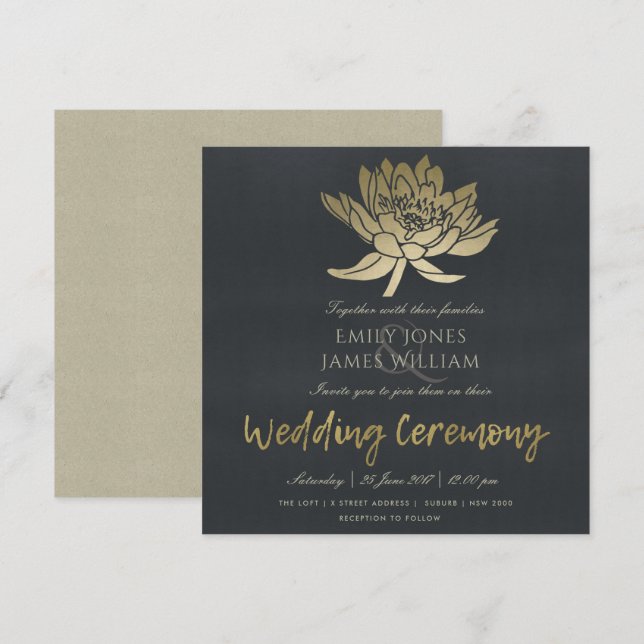 GLAMOROUS GOLD BLUE BLACK LOTUS FLORAL WEDDING INVITATION (Front/Back)