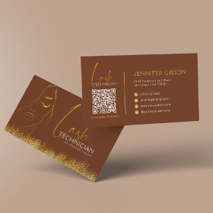 Glamorous Gold & Brown Lash Tech QR Code  Business Card