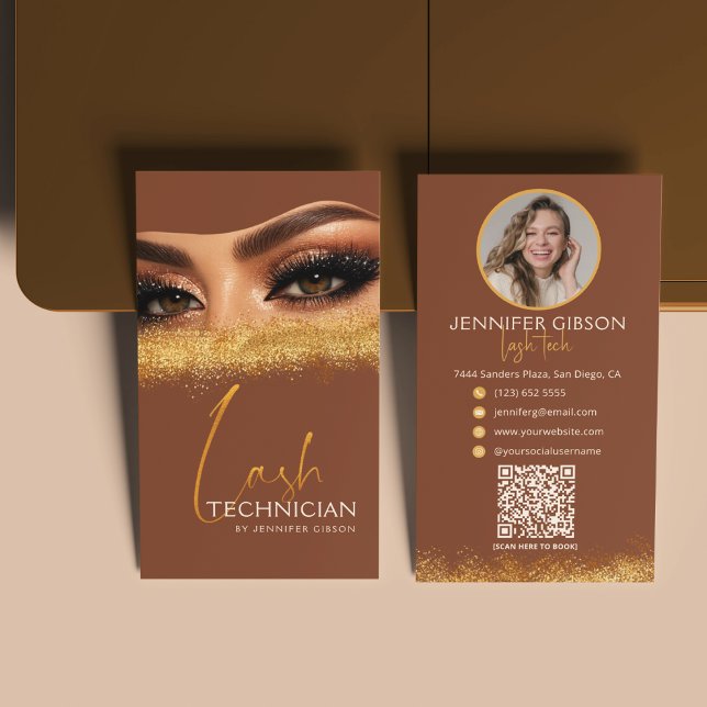 Glamorous Gold & Brown Lash Tech QR Code  Business Card (Creator Uploaded)