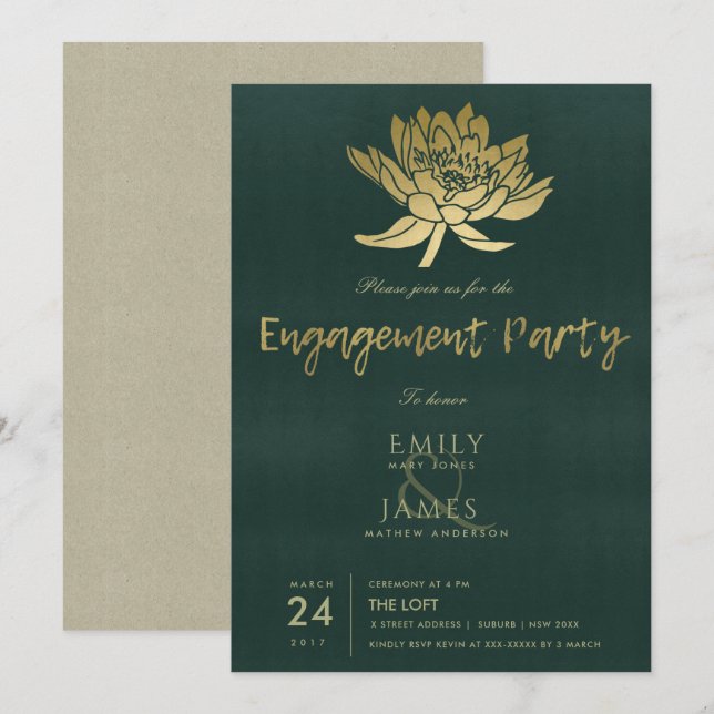 GLAMOROUS GOLD DARK GREEN LOTUS FLORAL ENGAGEMENT INVITATION (Front/Back)