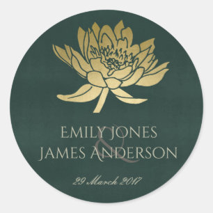 GLAMOROUS GOLD DARK GREEN  LOTUS FLORAL  MONOGRAM CLASSIC ROUND STICKER
