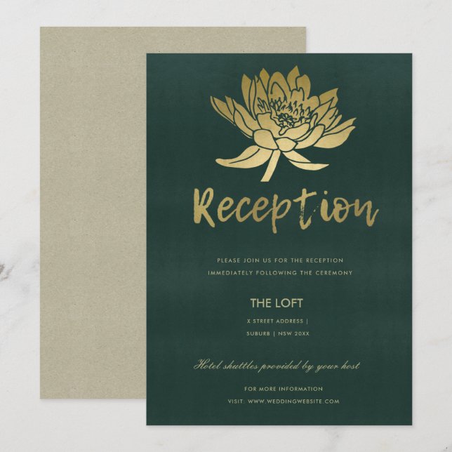 GLAMOROUS GOLD DARK GREEN LOTUS FLORAL RECEPTION INVITATION (Front/Back)