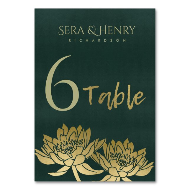 GLAMOROUS GOLD DARK GREEN LOTUS FLORAL TABLE NUMBER (Front)