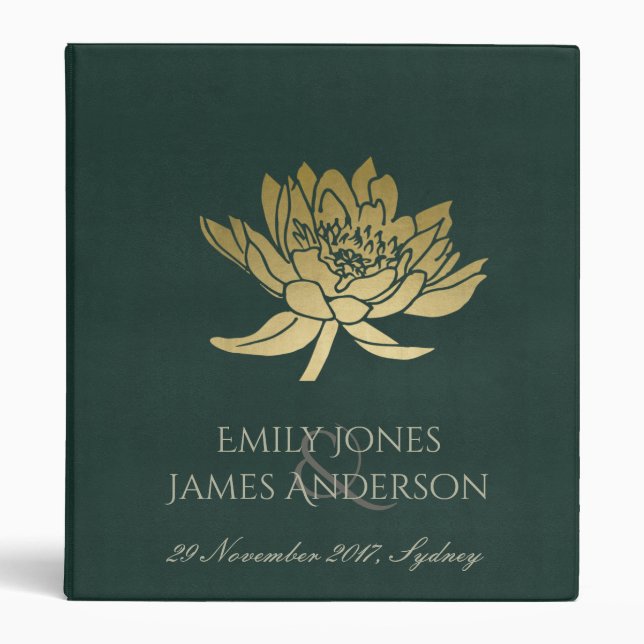 GLAMOROUS GOLD DARK GREEN  LOTUS FLORAL  WEDDING BINDER (Front)