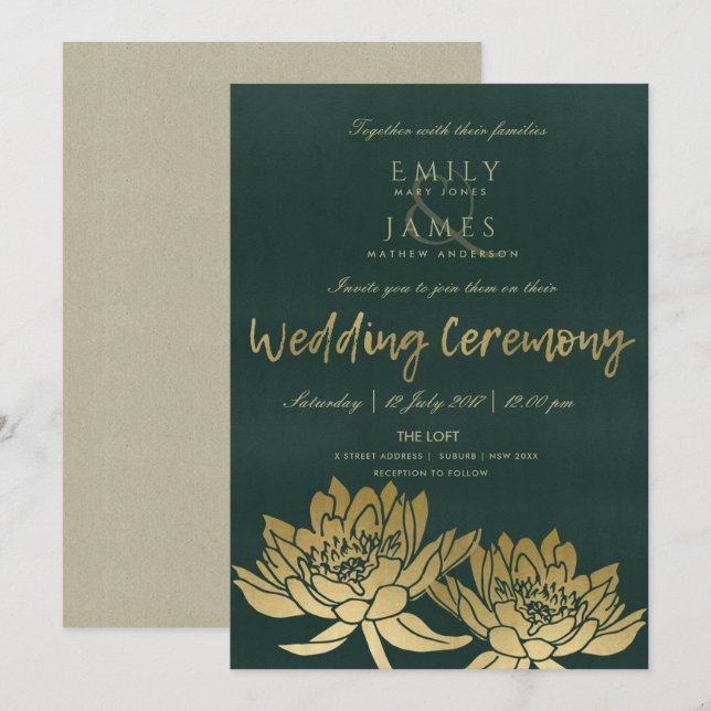 GLAMOROUS GOLD DARK GREEN LOTUS FLORAL WEDDING INVITATION (Front/Back)