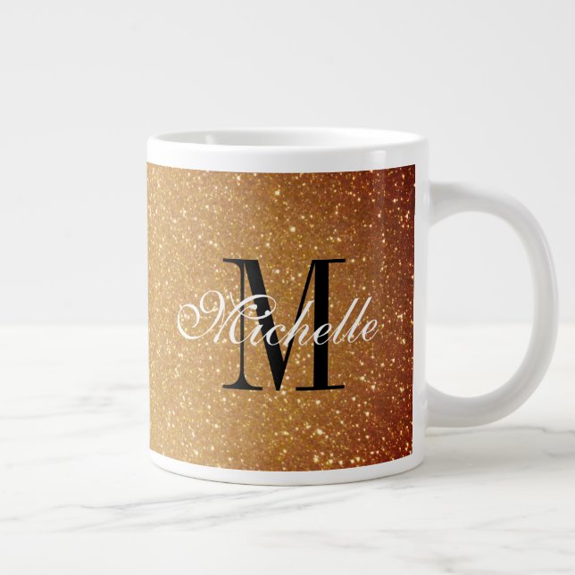 Glamorous gold glitter monogram extra large size coffee mug (Right)