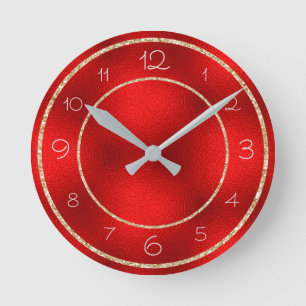 Glamorous Gold Glitter on Shiny Red Round Clock