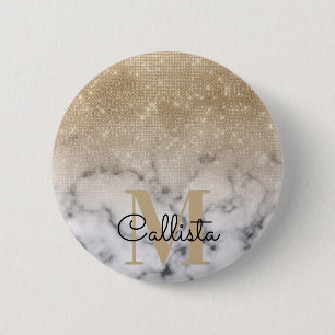 Glamorous Gold Glitter White Marble Ombre Monogram 2 Inch Round Button