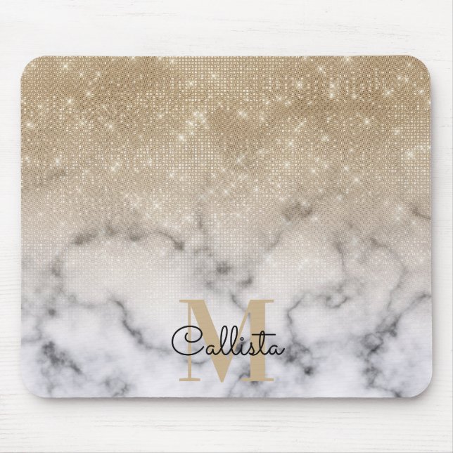 Glamorous Gold Glitter White Marble Ombre Monogram Mouse Pad (Front)