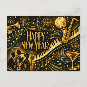 Glamorous Gold Jazz Art Deco New Year Holiday Postcard