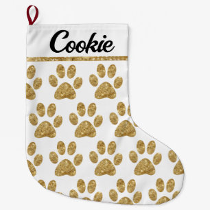 Glamorous Gold Paw Prints on White Large Christmas Stocking