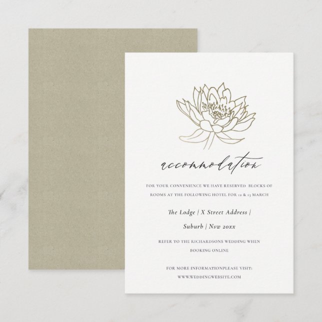 GLAMOROUS GOLD WHITE LOTUS FLORAL ACCOMMODATION INVITATION (Front/Back)