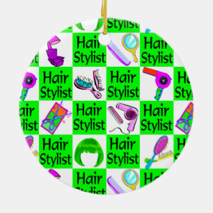 GLAMOROUS GREEN HAIR STYLIST CHRISTMAS ORNAMENT