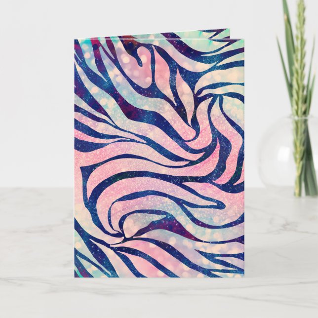Glamorous Holographic Glitter Blue Zebra Stripes Holiday Card (Front)