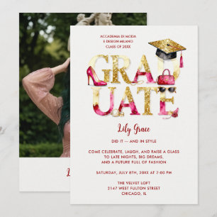 Glamorous Hot Pink Gold Glitter Grad Fashion Photo Invitation