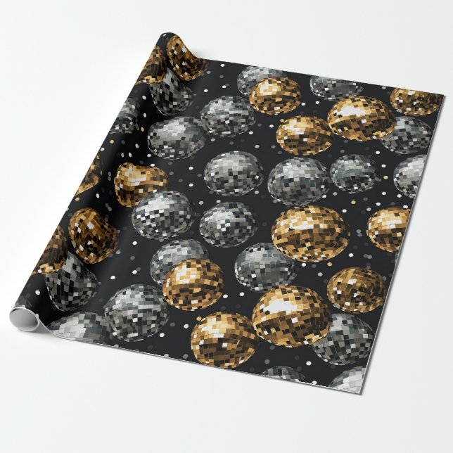 Glamorous Metallic Gold and Silver Disco Ball Wrapping Paper (Unrolled)