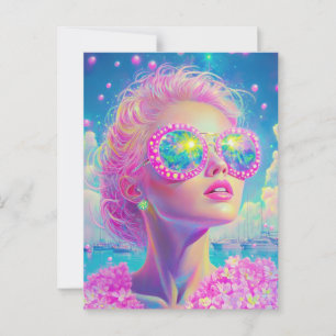 Glamorous Neon Woman with Sparkling Glasses Postcard