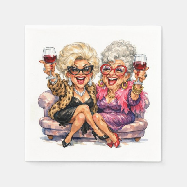 Glamorous Old Ladies With Red Wine Napkin (Front)