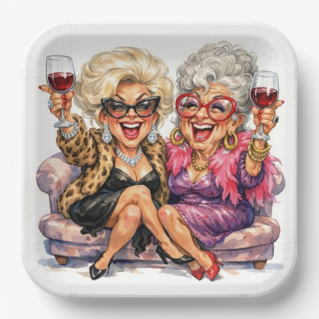 Glamorous Old Ladies With Red Wine Paper Plate (Front)