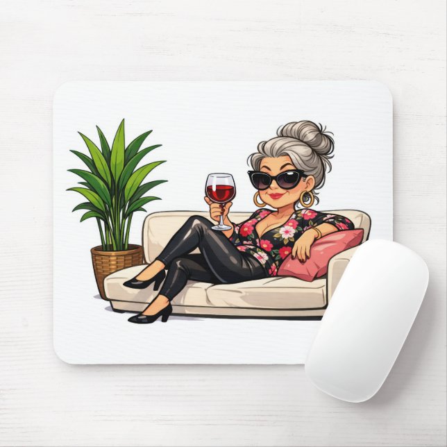 Glamorous Old Lady With Wine Mouse Pad (With Mouse)